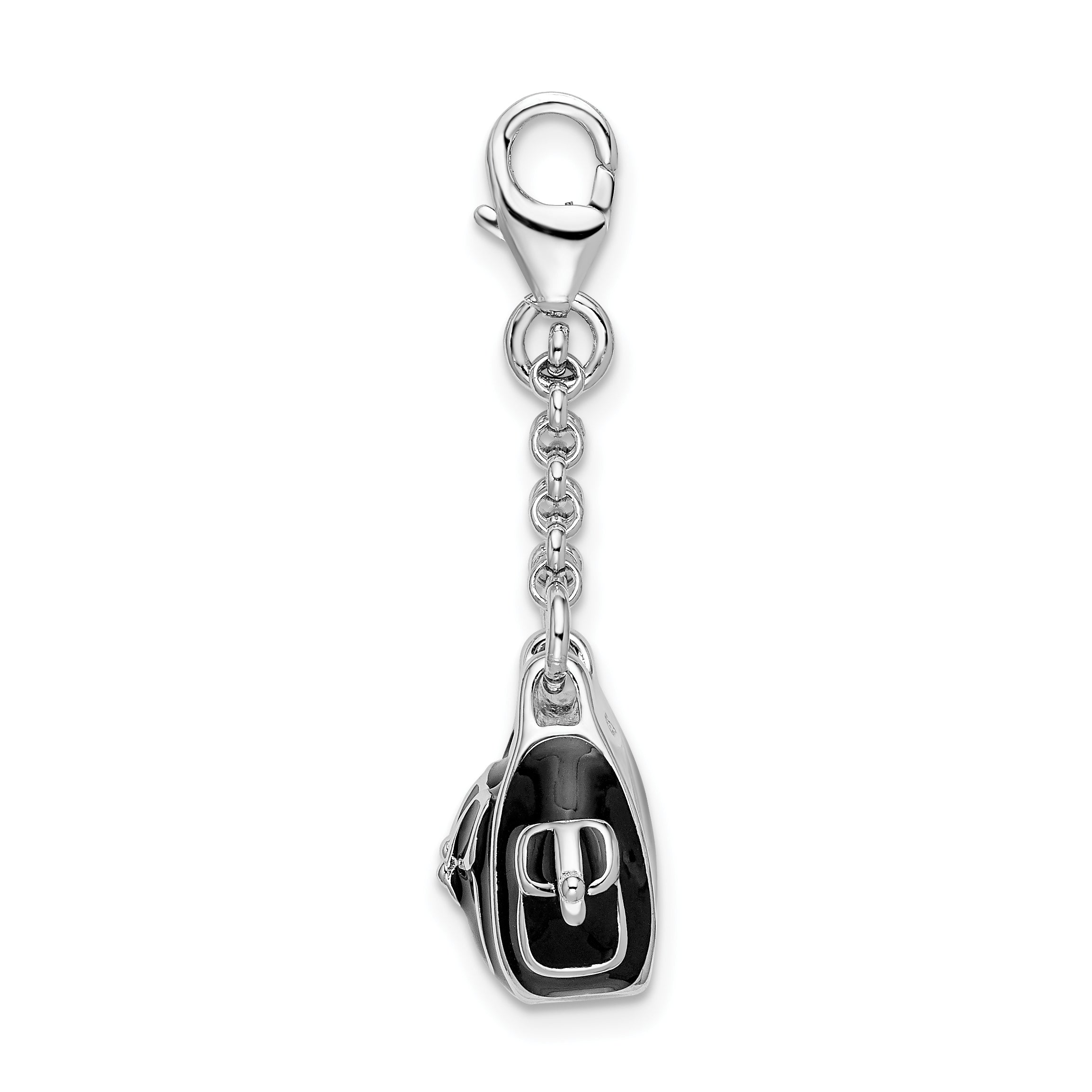 Sterling Silver Amore La Vita Rhodium-Plated Polished 3-D Black Enameled Handbag Charm With Fancy Lobster Clasp