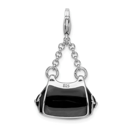 Sterling Silver Amore La Vita Rhodium-Plated Polished 3-D Black Enameled Handbag Charm With Fancy Lobster Clasp