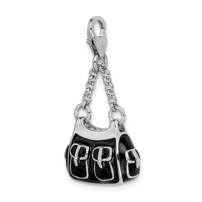Sterling Silver Amore La Vita Rhodium-Plated Polished 3-D Black Enameled Handbag Charm With Fancy Lobster Clasp