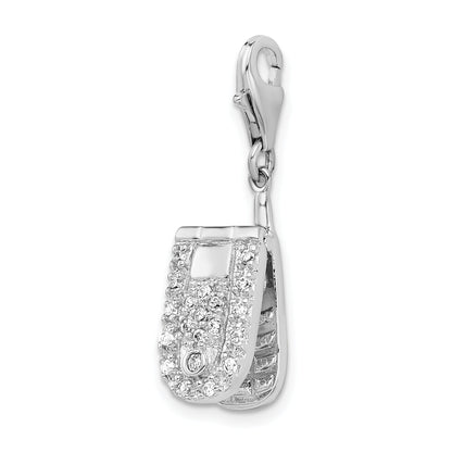 Sterling Silver Amore La Vita Rhodium-Plated Polished 3-D Moveable Cz Flip Cell Phone Charm With Fancy Lobster Clasp