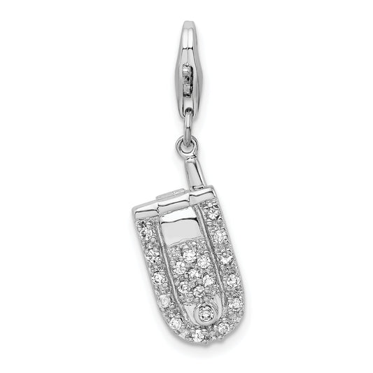 Sterling Silver Amore La Vita Rhodium-Plated Polished 3-D Moveable Cz Flip Cell Phone Charm With Fancy Lobster Clasp
