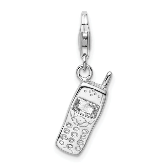 Sterling Silver Amore La Vita Rhodium-Plated Polished Cz Cell Phone Charm With Fancy Lobster Clasp