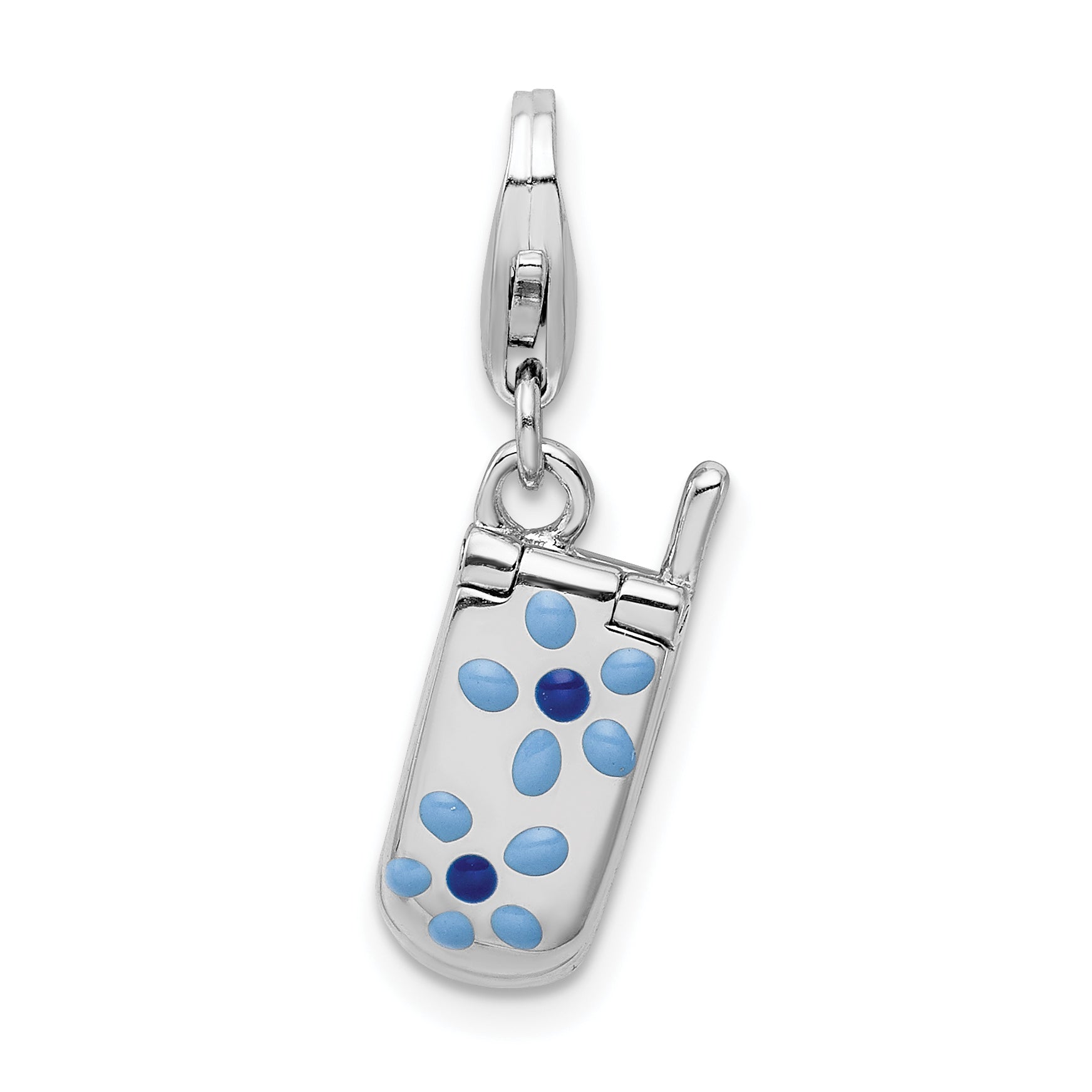 Sterling Silver Amore La Vita Rhodium-Plated Polished 3-D Enameled Moveable Flower Cell Phone Charm With Fancy Lobster Clasp