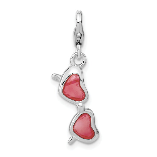 Sterling Silver Amore La Vita Rhodium-Plated Polished 3-D Enameled Coral Heart Sunglasses Charm With Fancy Lobster Clasp