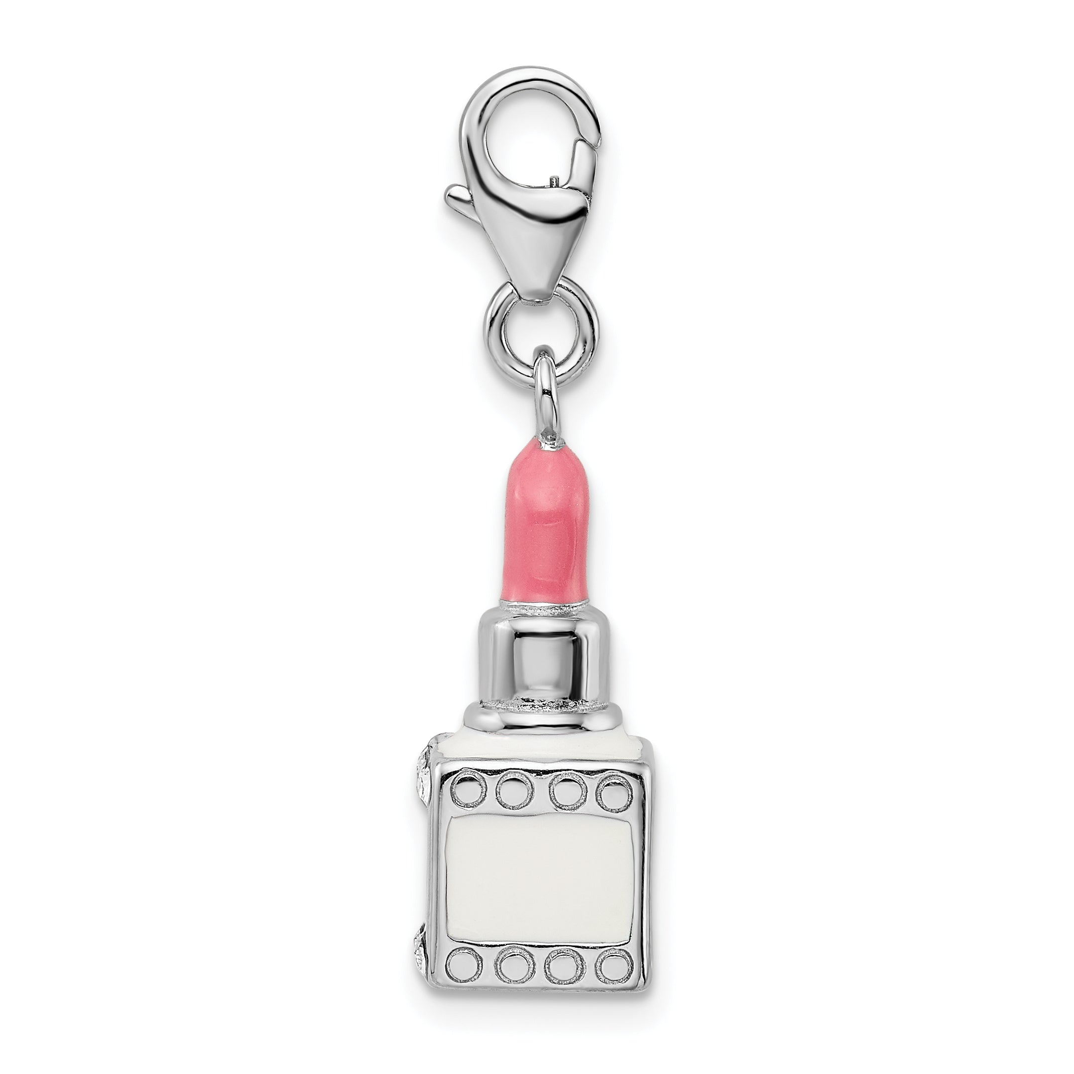 Sterling Silver Amore La Vita Rhodium-Plated Polished 3-D Enameled Crystal From Swarovski Pink Lipstick Charm With Fancy Lobster Clasp