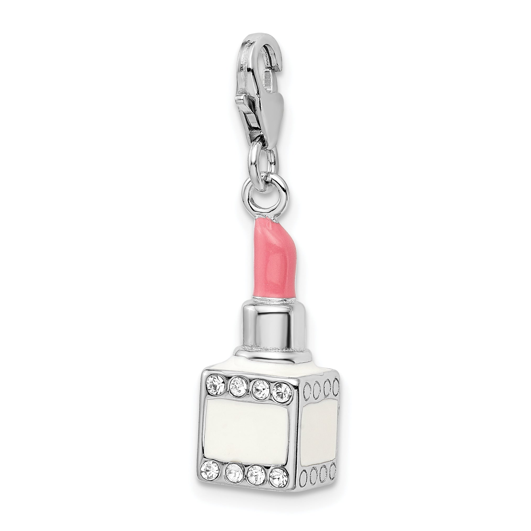 Sterling Silver Amore La Vita Rhodium-Plated Polished 3-D Enameled Crystal From Swarovski Pink Lipstick Charm With Fancy Lobster Clasp