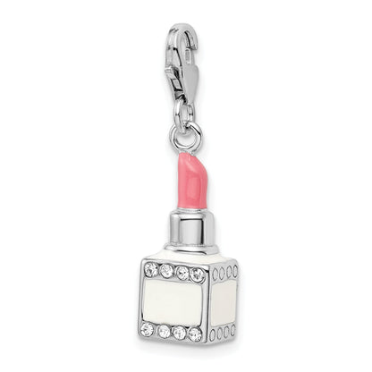 Sterling Silver Amore La Vita Rhodium-Plated Polished 3-D Enameled Crystal From Swarovski Pink Lipstick Charm With Fancy Lobster Clasp