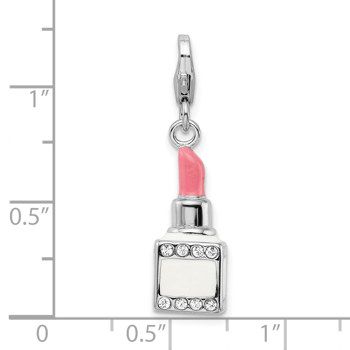 Sterling Silver Amore La Vita Rhodium-Plated Polished 3-D Enameled Crystal From Swarovski Pink Lipstick Charm With Fancy Lobster Clasp