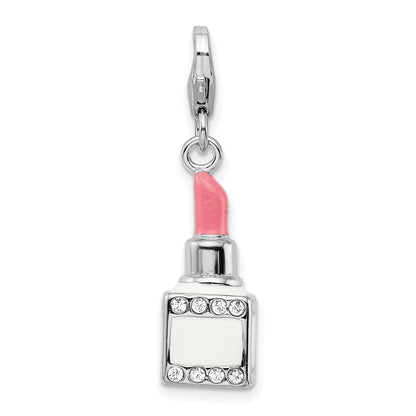 Sterling Silver Amore La Vita Rhodium-Plated Polished 3-D Enameled Crystal From Swarovski Pink Lipstick Charm With Fancy Lobster Clasp