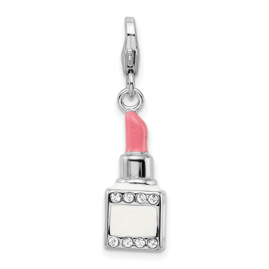 Sterling Silver Amore La Vita Rhodium-Plated Polished 3-D Enameled Crystal From Swarovski Pink Lipstick Charm With Fancy Lobster Clasp