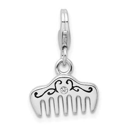 Sterling Silver Amore La Vita Rhodium-Plated Polished 3-D Crystal From Swarovski And Enameled Comb Charm With Fancy Lobster Clasp