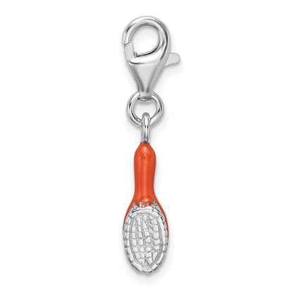 Sterling Silver Amore La Vita Rhodium-Plated Polished 3-D Orange Enameled Hair Brush Charm With Fancy Lobster Clasp