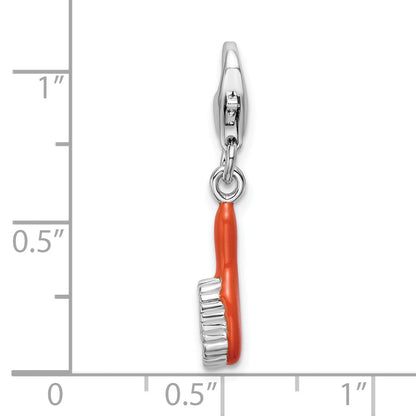 Sterling Silver Amore La Vita Rhodium-Plated Polished 3-D Orange Enameled Hair Brush Charm With Fancy Lobster Clasp