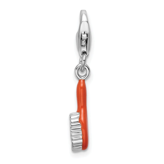 Sterling Silver Amore La Vita Rhodium-Plated Polished 3-D Orange Enameled Hair Brush Charm With Fancy Lobster Clasp