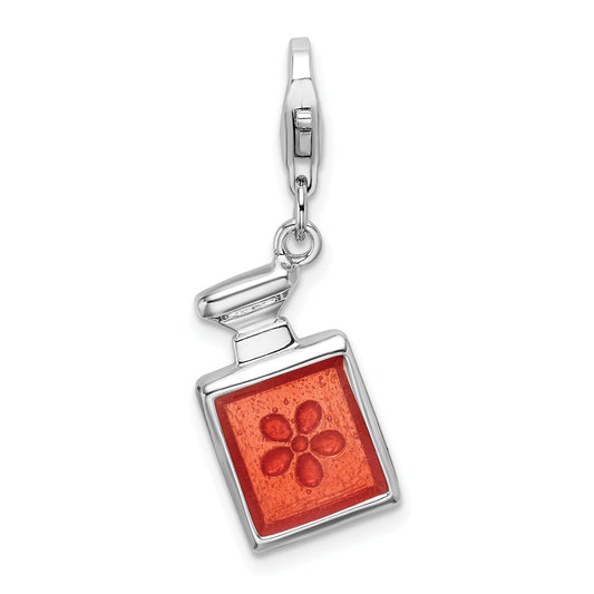 Sterling Silver Amore La Vita Rhodium-Plated Polished 3-D Orange Enameled Perfume Bottle Charm With Fancy Lobster Clasp