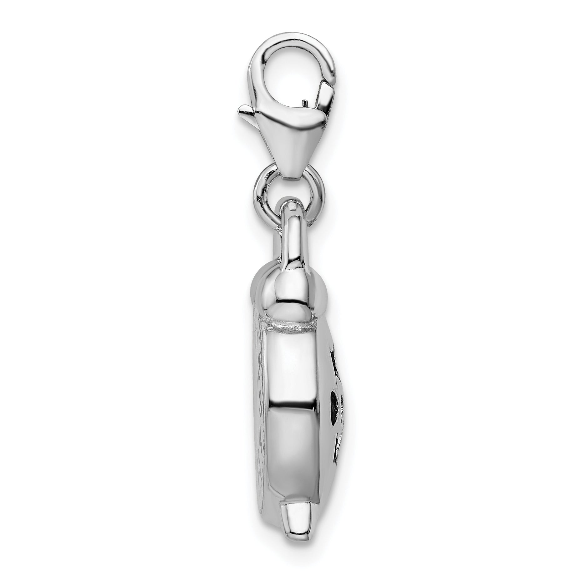 Sterling Silver Amore La Vita Rhodium-Plated Polished 3-D Alarm Clock Charm With Fancy Lobster Clasp