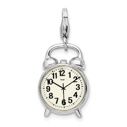 Sterling Silver Amore La Vita Rhodium-Plated Polished 3-D Alarm Clock Charm With Fancy Lobster Clasp