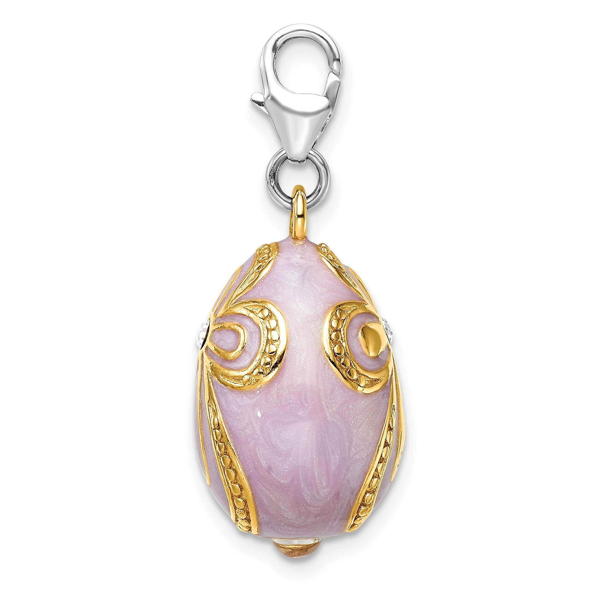 Sterling Silver Amore La Vita Rhodium-Plated And Gold-Plated Polished 3-D Crystal From Swarovski Enameled Pink Egg With Cross Charm Fancy Lobster Clasp