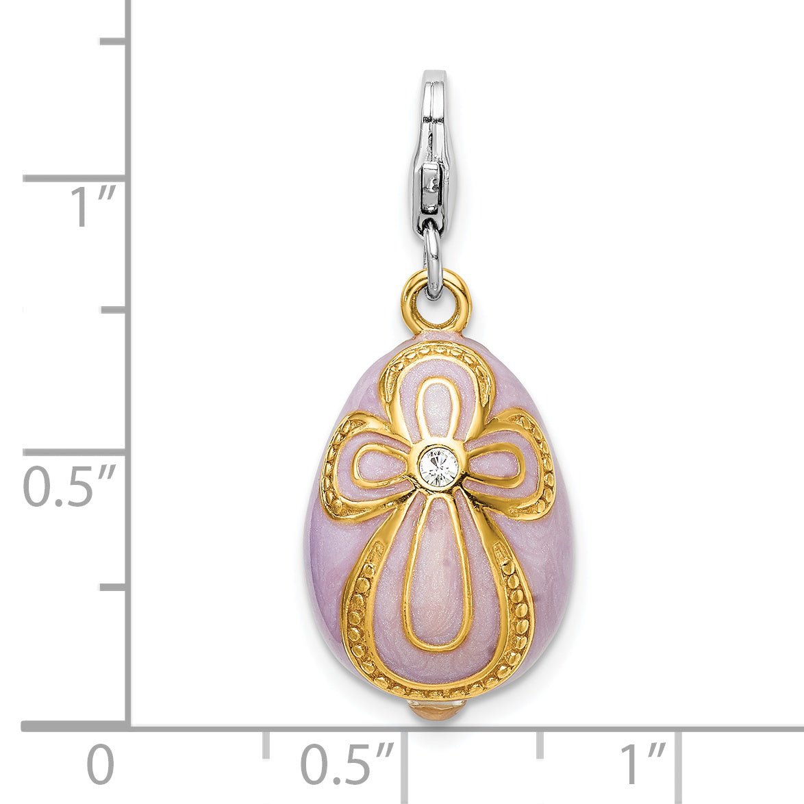 Sterling Silver Amore La Vita Rhodium-Plated And Gold-Plated Polished 3-D Crystal From Swarovski Enameled Pink Egg With Cross Charm Fancy Lobster Clasp