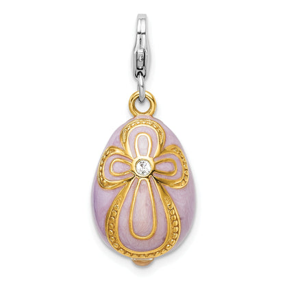 Sterling Silver Amore La Vita Rhodium-Plated And Gold-Plated Polished 3-D Crystal From Swarovski Enameled Pink Egg With Cross Charm Fancy Lobster Clasp