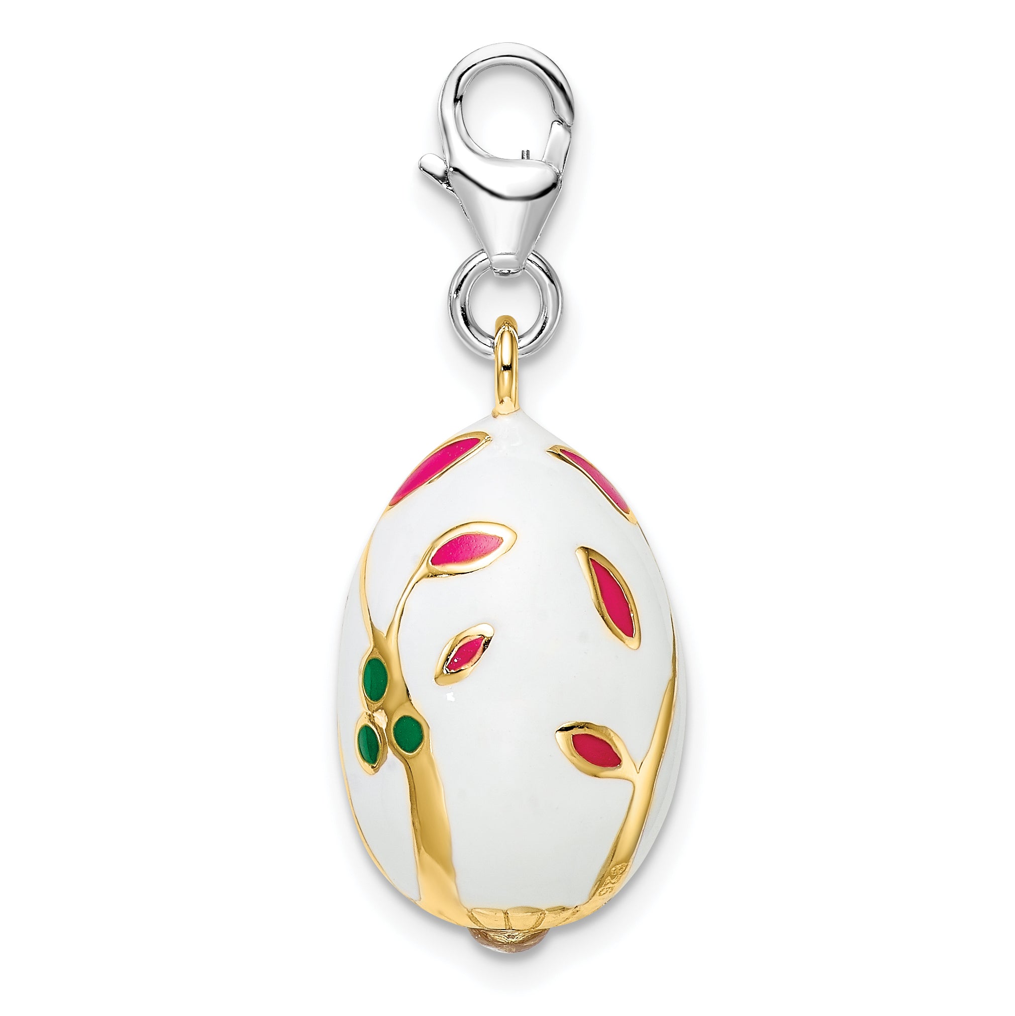 Sterling Silver Amore La Vita Rhodium-Plated And Gold-Plated Polished 3-D Enameled White Egg Charm With Fancy Lobster Clasp
