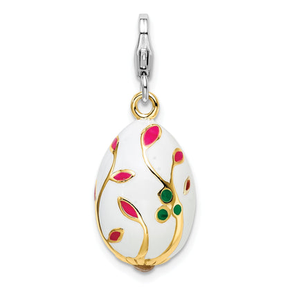 Sterling Silver Amore La Vita Rhodium-Plated And Gold-Plated Polished 3-D Enameled White Egg Charm With Fancy Lobster Clasp