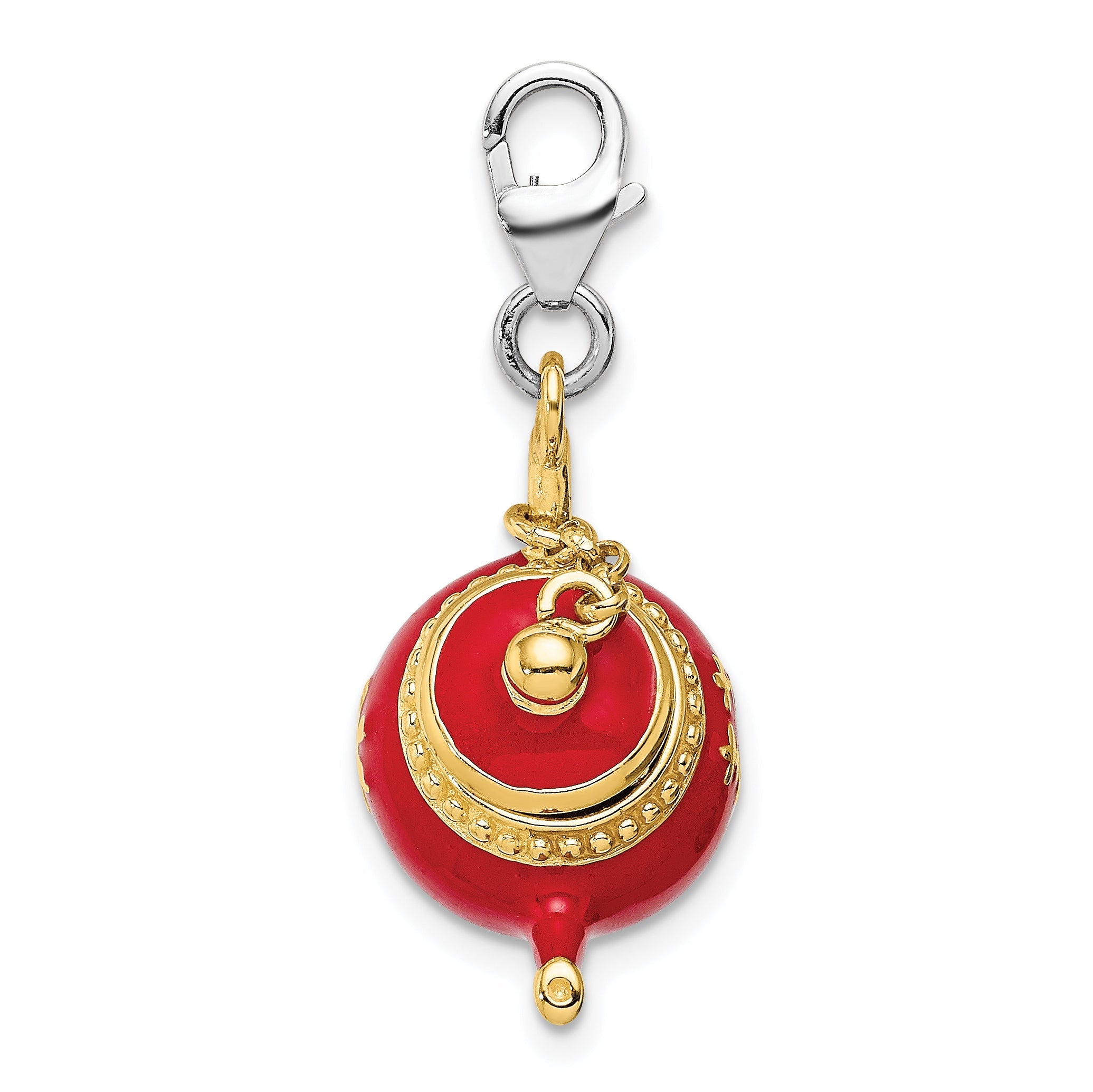 Sterling Silver Amore La Vita Rhodium-Plated And Gold-Plated Polished 3-D Moveable Red Enameled Oriental Tea Pot Charm With Fancy Lobster Clasp