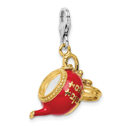 Sterling Silver Amore La Vita Rhodium-Plated And Gold-Plated Polished 3-D Moveable Red Enameled Oriental Tea Pot Charm With Fancy Lobster Clasp