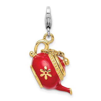 Sterling Silver Amore La Vita Rhodium-Plated And Gold-Plated Polished 3-D Moveable Red Enameled Oriental Tea Pot Charm With Fancy Lobster Clasp