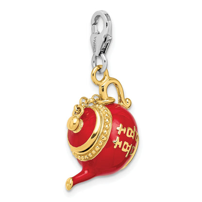 Sterling Silver Amore La Vita Rhodium-Plated And Gold-Plated Polished 3-D Moveable Red Enameled Oriental Tea Pot Charm With Fancy Lobster Clasp