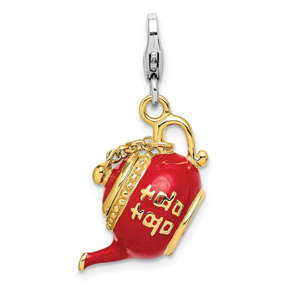 Sterling Silver Amore La Vita Rhodium-Plated And Gold-Plated Polished 3-D Moveable Red Enameled Oriental Tea Pot Charm With Fancy Lobster Clasp