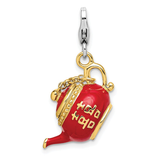 Sterling Silver Amore La Vita Rhodium-Plated And Gold-Plated Polished 3-D Moveable Red Enameled Oriental Tea Pot Charm With Fancy Lobster Clasp