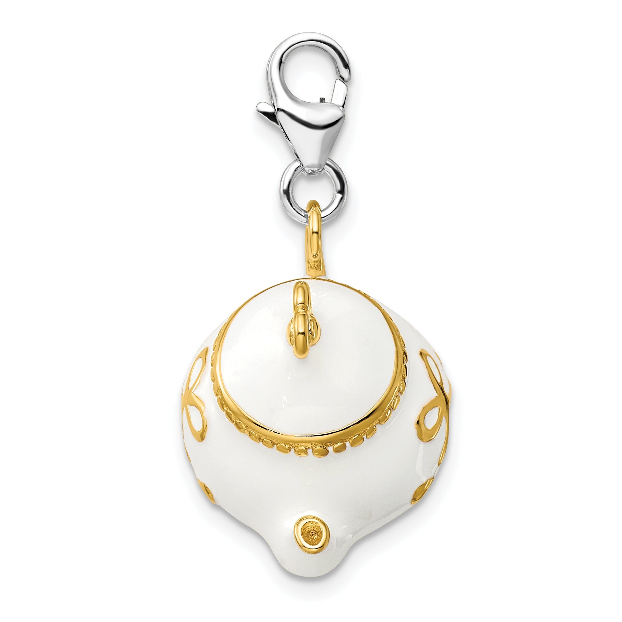 Sterling Silver Amore La Vita Rhodium-Plated And Gold-Plated Polished 3-D White Enameled Tea Pot Charm With Fancy Lobster Clasp