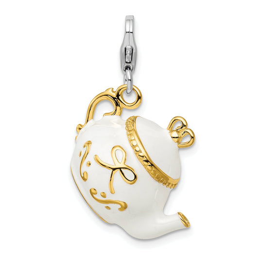 Sterling Silver Amore La Vita Rhodium-Plated And Gold-Plated Polished 3-D White Enameled Tea Pot Charm With Fancy Lobster Clasp