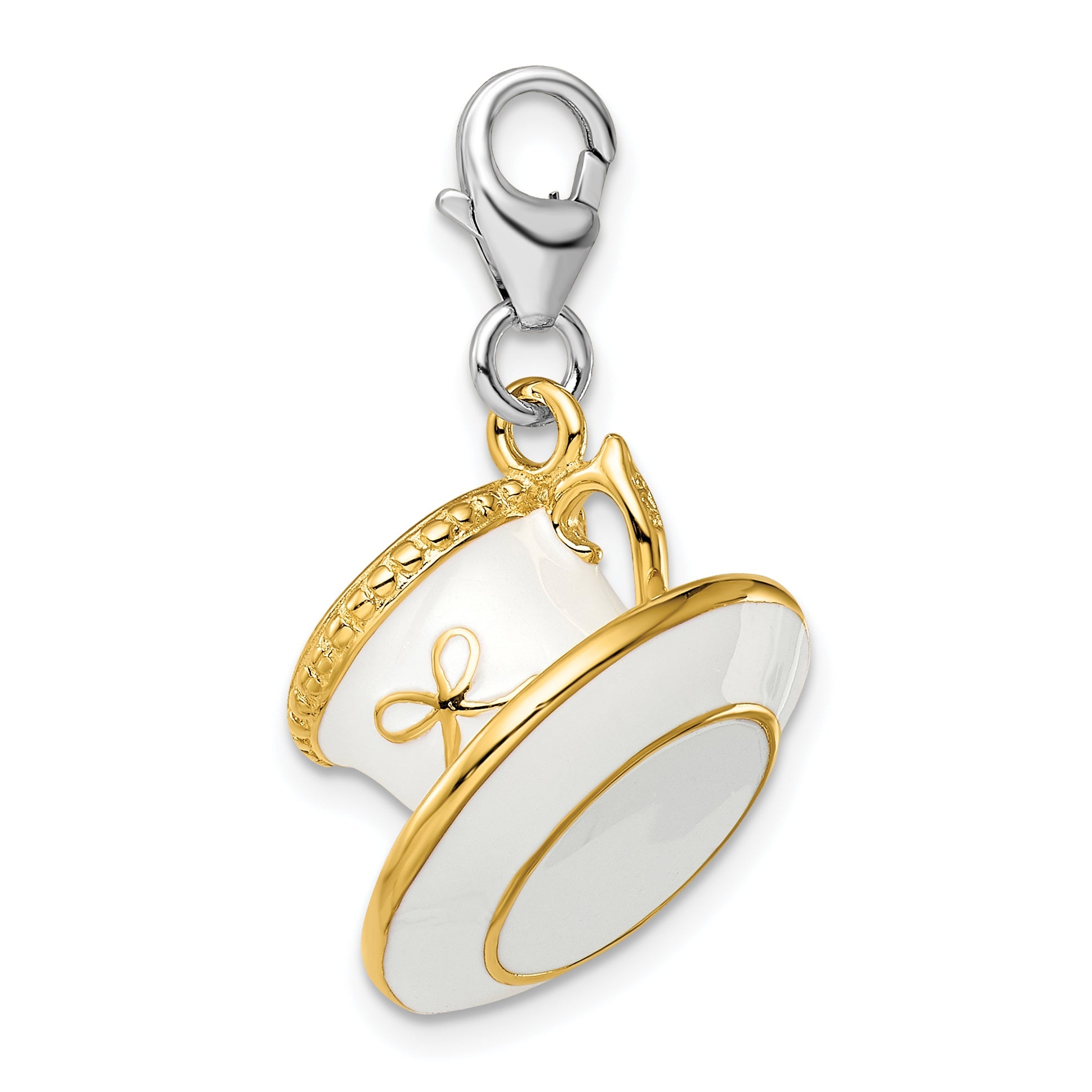 Sterling Silver Amore La Vita Rhodium-Plated And Gold-Plated Polished 3-D White Enameled Cup Saucer Charm With Fancy Lobster Clasp