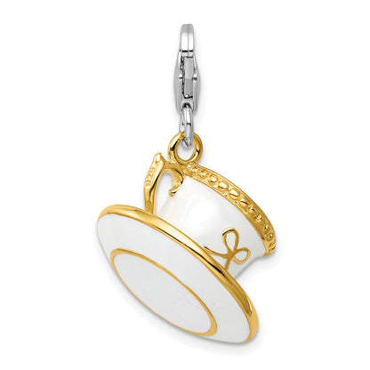 Sterling Silver Amore La Vita Rhodium-Plated And Gold-Plated Polished 3-D White Enameled Cup Saucer Charm With Fancy Lobster Clasp