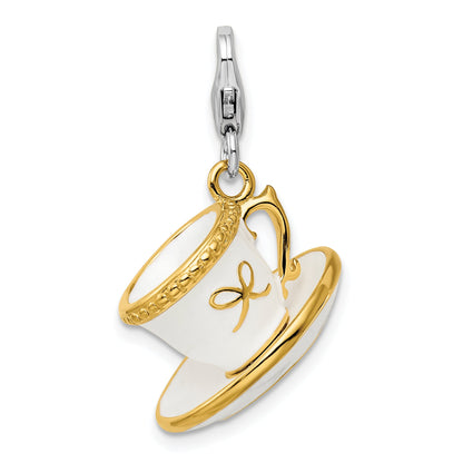Sterling Silver Amore La Vita Rhodium-Plated And Gold-Plated Polished 3-D White Enameled Cup Saucer Charm With Fancy Lobster Clasp