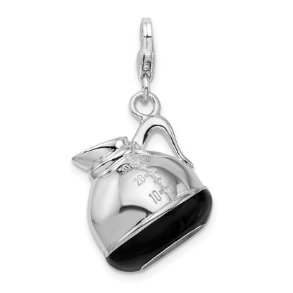 Sterling Silver Amore La Vita Rhodium-Plated Polished 3-D Enameled Coffee Pot Charm With Fancy Lobster Clasp