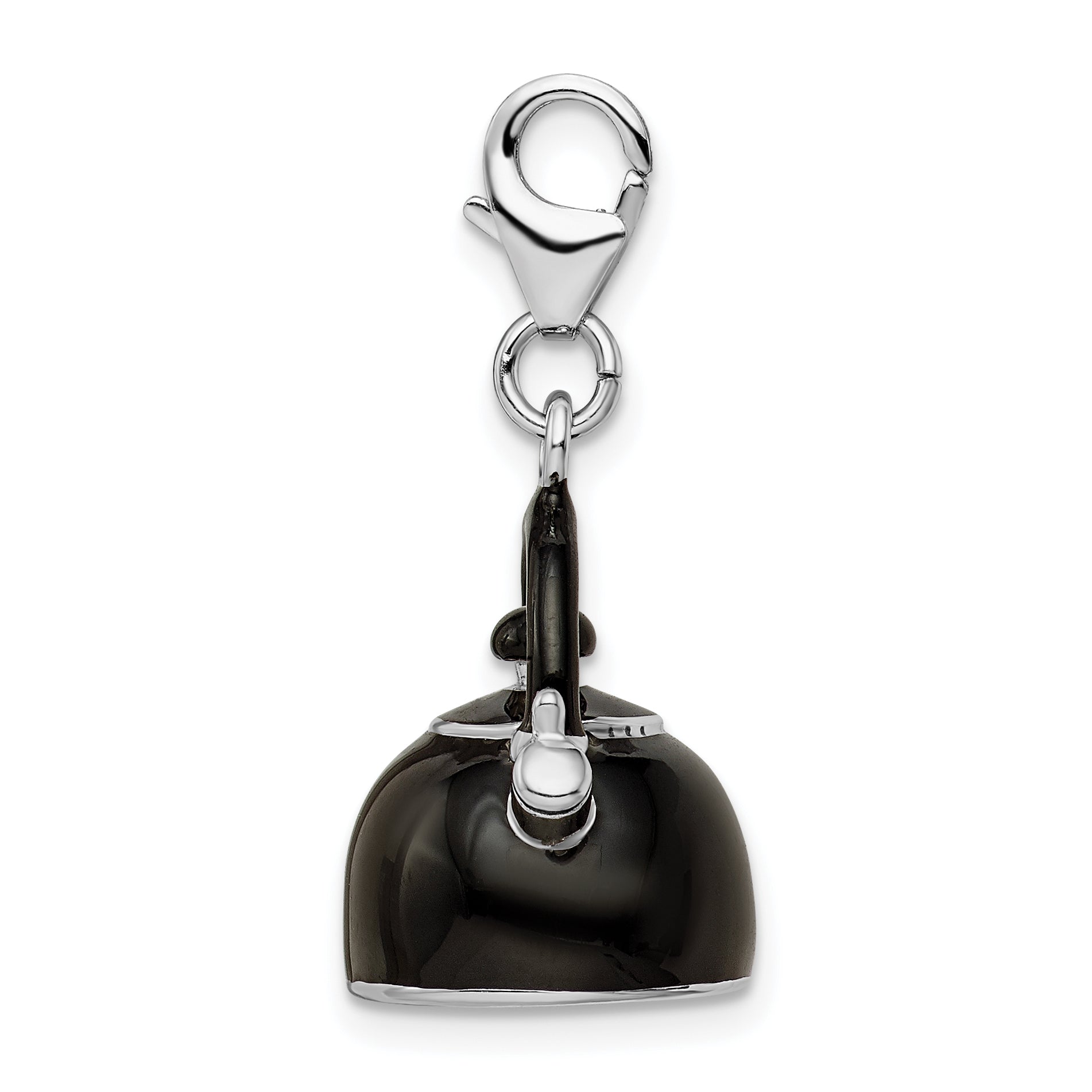 Sterling Silver Amore La Vita Rhodium-Plated Polished 3-D Enameled Black Tea Kettle Charm With Fancy Lobster Clasp