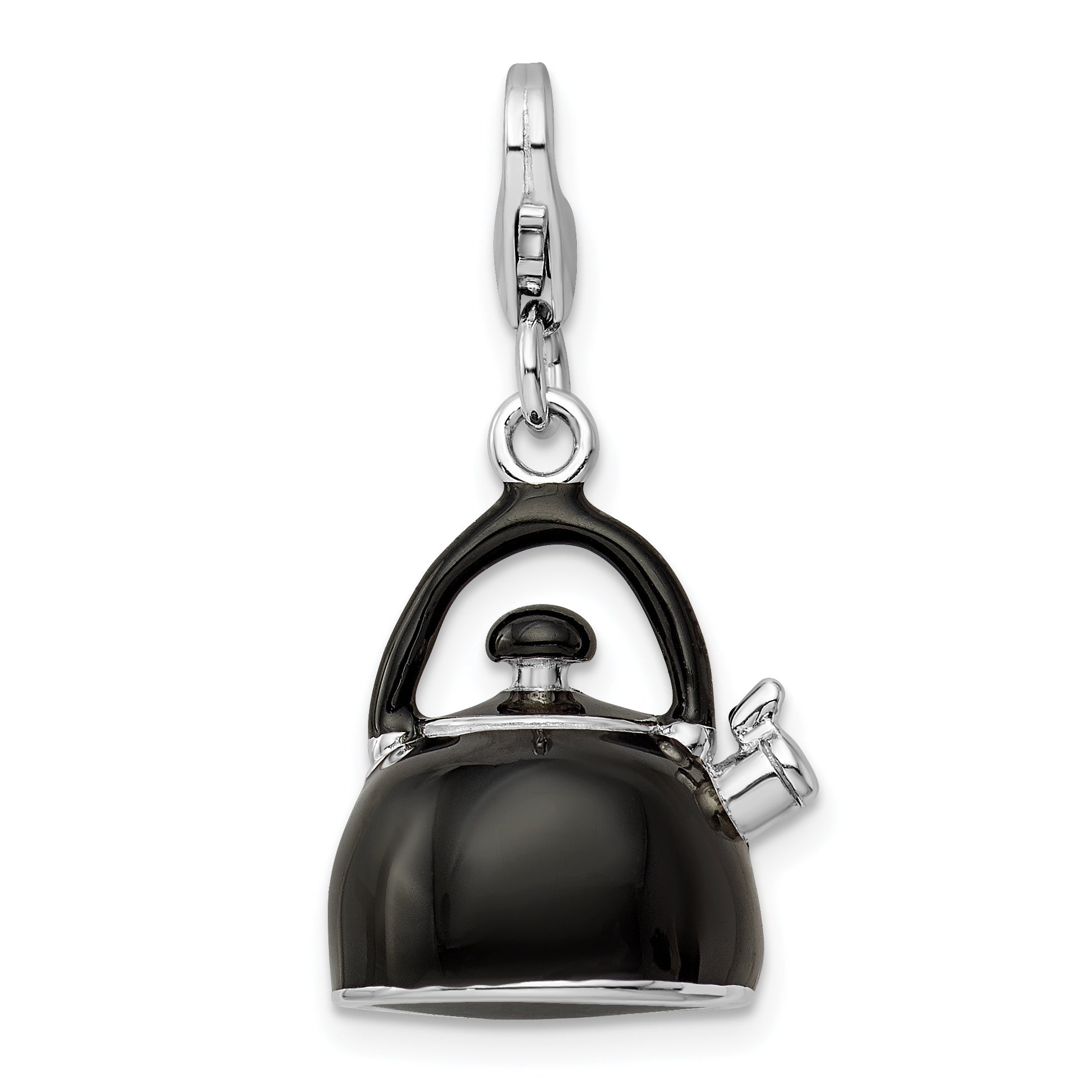 Sterling Silver Amore La Vita Rhodium-Plated Polished 3-D Enameled Black Tea Kettle Charm With Fancy Lobster Clasp
