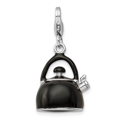 Sterling Silver Amore La Vita Rhodium-Plated Polished 3-D Enameled Black Tea Kettle Charm With Fancy Lobster Clasp