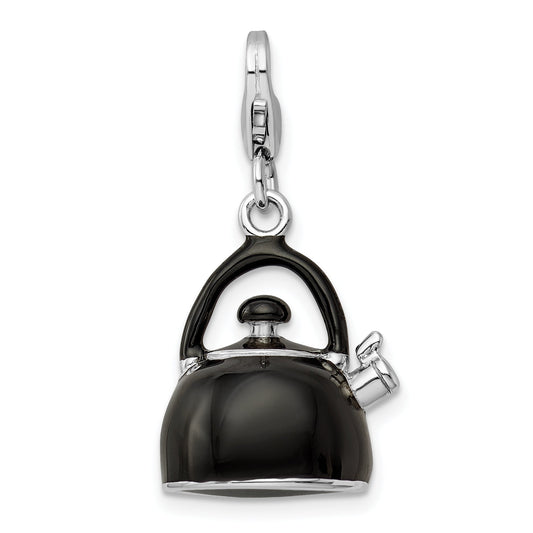 Sterling Silver Amore La Vita Rhodium-Plated Polished 3-D Enameled Black Tea Kettle Charm With Fancy Lobster Clasp