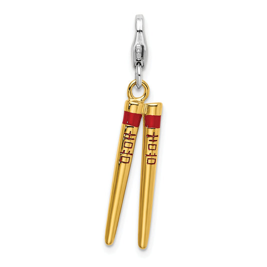 Sterling Silver 3-D Enameled Gold-Plated Chopstick W/Lobster Clasp Charm