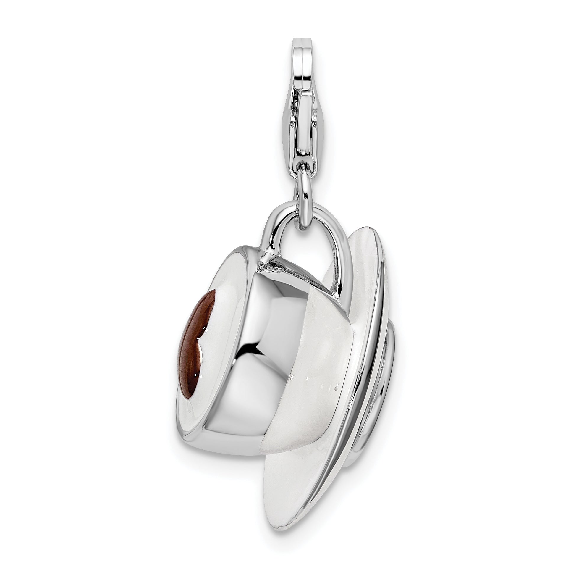 Sterling Silver Amore La Vita Rhodium-Plated Polished 3-D Enameled Cappuccino Charm With Fancy Lobster Clasp