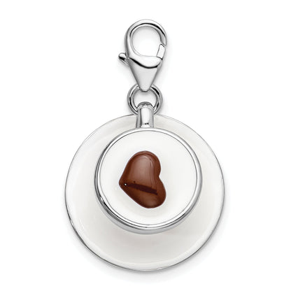 Sterling Silver Amore La Vita Rhodium-Plated Polished 3-D Enameled Cappuccino Charm With Fancy Lobster Clasp
