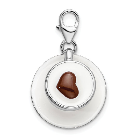 Sterling Silver Amore La Vita Rhodium-Plated Polished 3-D Enameled Cappuccino Charm With Fancy Lobster Clasp