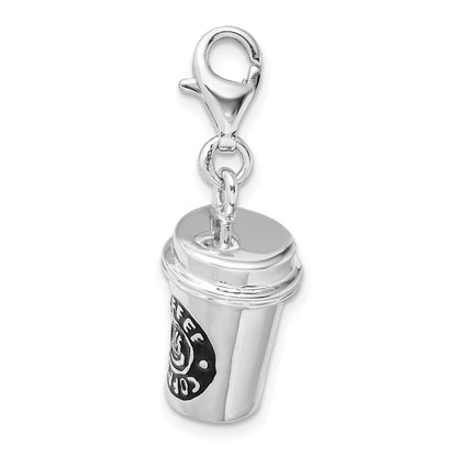 Sterling Silver Amore La Vita Rhodium-Plated Polished 3-D Enameled To Go Coffee Cup Charm With Fancy Lobster Clasp