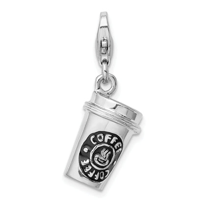 Sterling Silver Amore La Vita Rhodium-Plated Polished 3-D Enameled To Go Coffee Cup Charm With Fancy Lobster Clasp