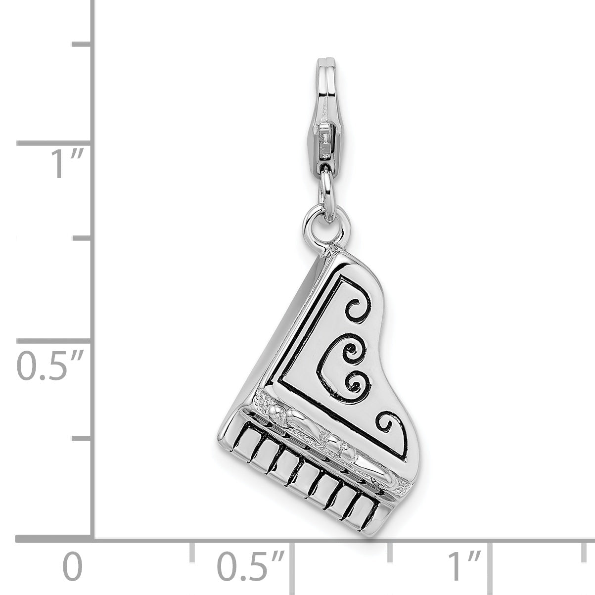 Sterling Silver Amore La Vita Rhodium-Plated Polished 3-D Enameled Grand Piano With Heart Scroll Charm Fancy Lobster Clasp