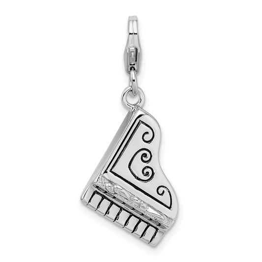 Sterling Silver Amore La Vita Rhodium-Plated Polished 3-D Enameled Grand Piano With Heart Scroll Charm Fancy Lobster Clasp
